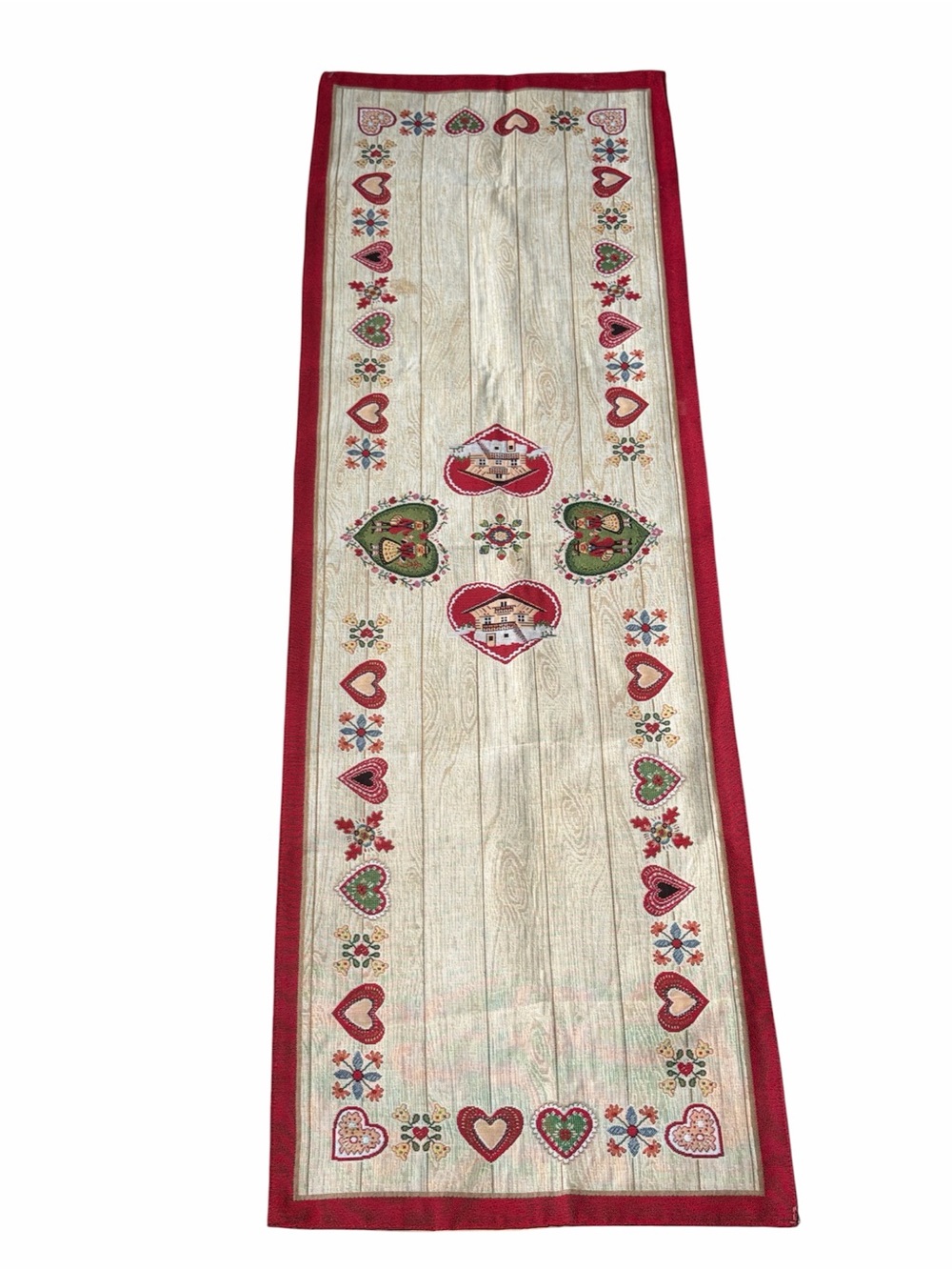 Vintage-style Heart & Folk Motif Table Runner in Red, Green, Cream